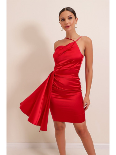By Saygı One Shoulder Rope Strap Gathered Lined Satin Short Dress Red