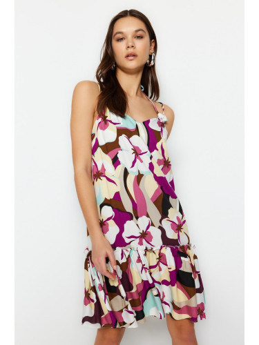 Trendyol розов широк нарязани мини тъкани шарени тъкани рокля