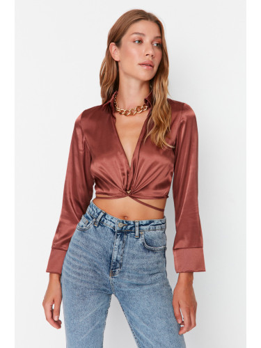 Trendyol Brown Crop Tie Detail Satin Woven Blouse