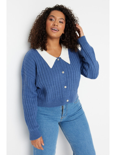Trendyol крива индиго оребрени яка подробни закопчана плетена жилетка