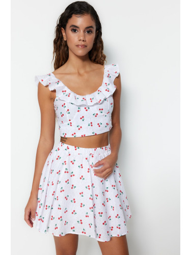 Trendyol Fruit Patterned Woven Ruffled 100% Cotton Blouse and Skirt Suit