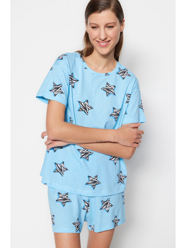 Trendyol Blue 100% Cotton Star Patterned T-shirt-Shorts Knitted Pajama Set