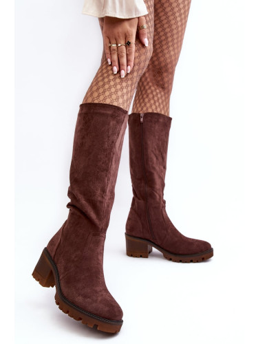 Women's over-the-knee boots with low heels, dark brown Beveta