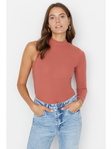 Trendyol Cinnamon Stand Collar Cutout Detail Single Sleeve Ribbed Flexible Knitted Snap Button Body