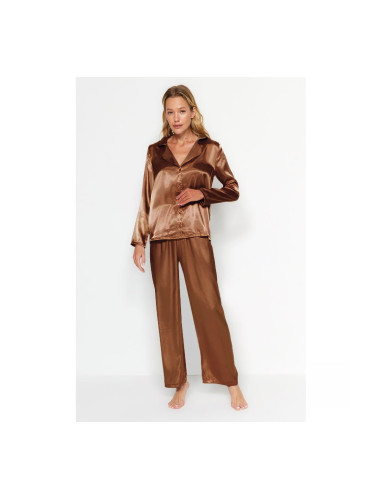 Trendyol Brown Satin Shirt-Pants Woven Pajamas Set