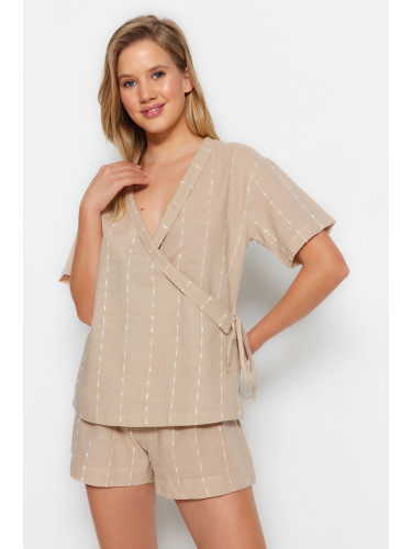 Trendyol Beige 100% Cotton Striped Wide Pattern Woven Pajama Set