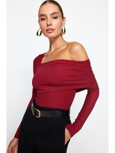 Trendyol Burgundy Asymmetrical Collar Detailed Draped Fitted/Closing Wrap/Textured Knitted Body