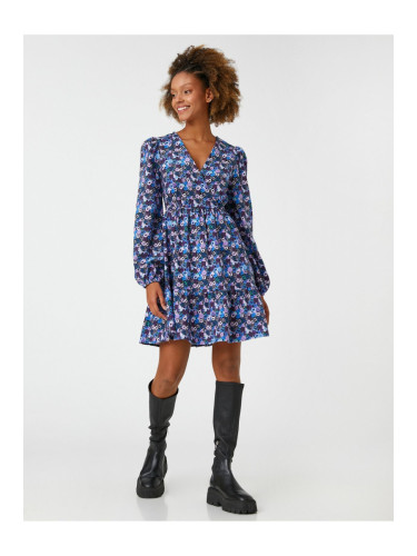 Koton флорални зимни рокля мини v-образно деколте балон ръкави увити