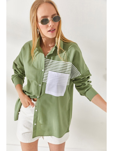 Olalook Mildew Green Pocket Detailed Oversize Woven Shirt