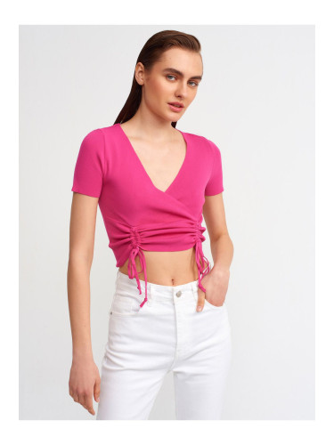 Dilvin 10194 Double Breasted Collar Front Gathered Knitwear Crop-fuchsia