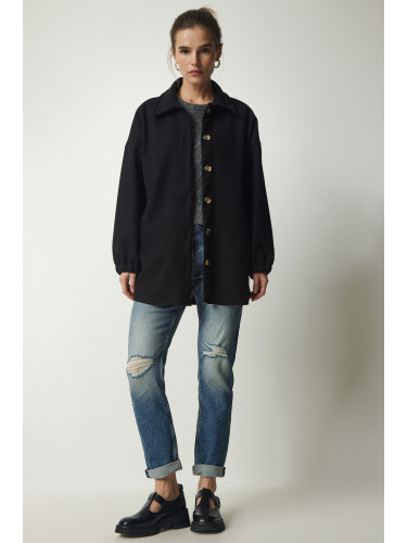 Щастие İstanbul Дамски черен закопчана джоб извънгабаритни риза яке