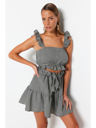 Trendyol Gingham Patterned Woven Ruffle Blouse and Skirt Set