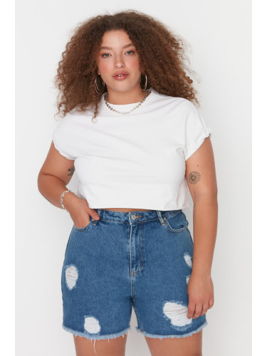 Trendyol Curve Dark Blue High Waist Destroyed Denim Shorts & Bermuda