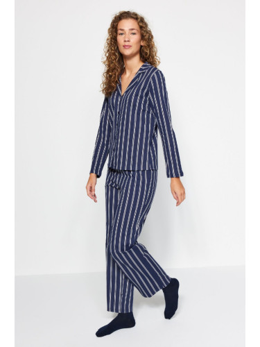 Trendyol Indigo 100% Cotton Striped Shirt-Pants Knitted Pajamas Set