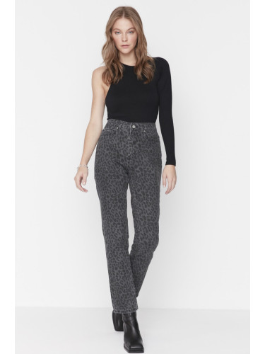 Trendyol черен леопард печат висока талия прави дънки