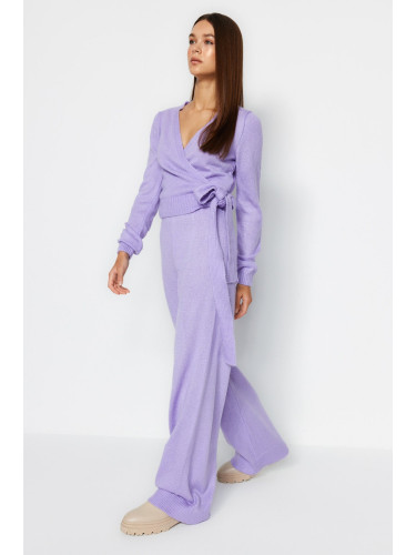 Trendyol Lilac Crop Wide Pattern Double Breasted Tie Detailed Knitwear Top-Bottom Set