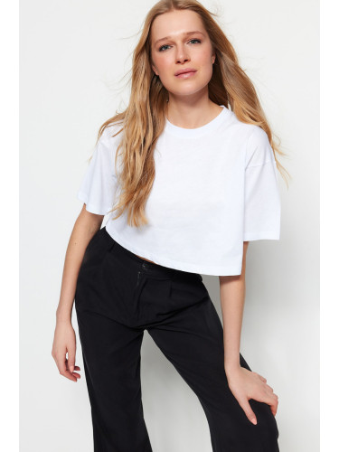 Trendyol White 100% Cotton Premium Crop Crew Neck Knitted T-Shirt