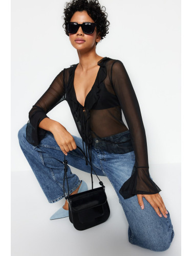 Trendyol Black Flounce Tie Detailed Tulle Stretchy Knitted Blouse