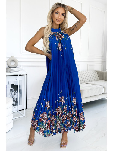 456-1 ESTER Pleated satin maxi dress - blue with flowers