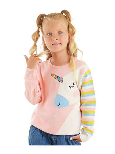 Denokids Unicorn Girl Pink Sequin Embroidered Knitwear Sweater