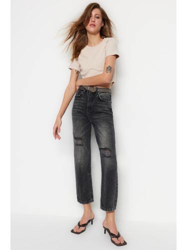 Trendyol Черно изтръгнат висока талия прави дънки