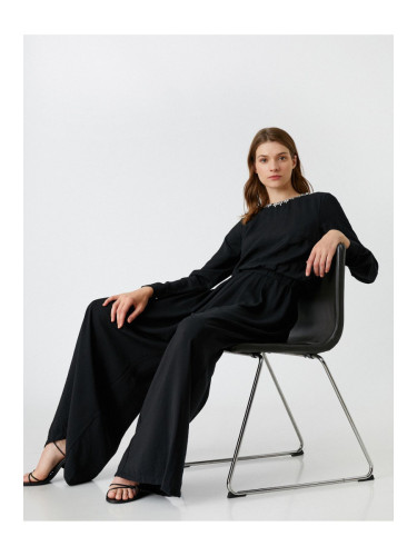 Koton Wide Leg Evening Jumpsuit Collar Stone Detail