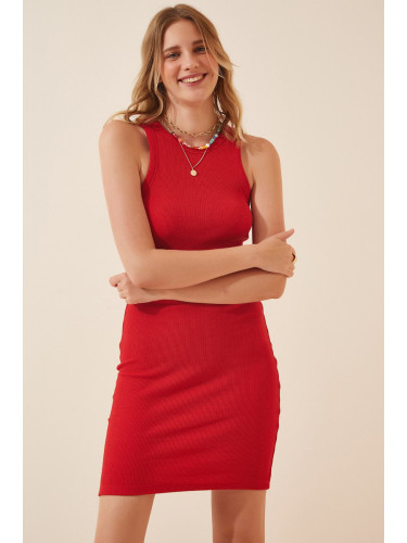 Щастие İstanbul Дамска червена оребрена лятна мини плетена рокля