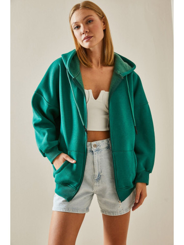 XHAN Emerald Green Zipper Hoodie Sweatshirt