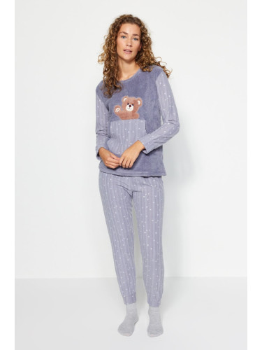 Trendyol Smoked Wellsoft Teddy Bear Patterned Tshirt-Pants Knitted Pajama Set