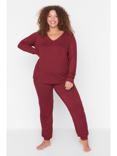 Trendyol Curve Claret Red Single Jersey V-Neck Knitted Pajamas Set