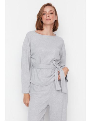 Trendyol Gray Sash Detail Ribbed Wide Fit Knitted Pajamas Set