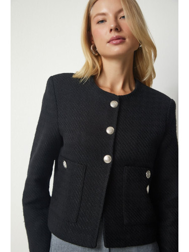 Happiness İstanbul Women's Black Buttoned Tweed Jacket