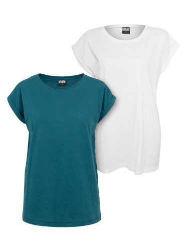 Women's T-shirt with extended shoulder 2-pack blue-green+white