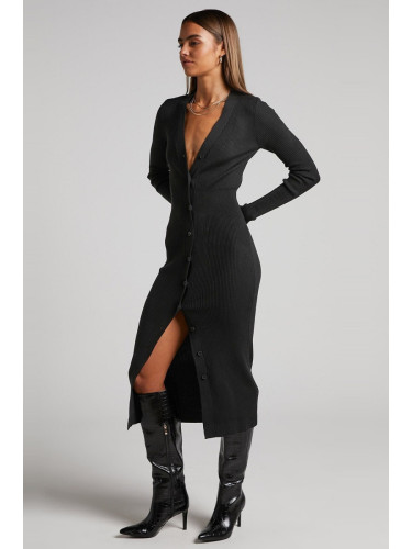 Madmext V-Neck Long Knitwear Dress With Black Buttons