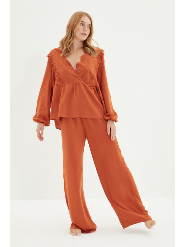 Trendyol Cinnamon Flower Embroidered Frilly Viscose Woven Pajamas Set