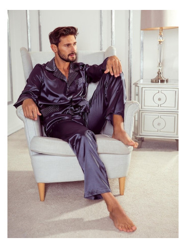 Pyjamas De Lafense 939 Satin L/R M-4XL Men's Zip-Up Navy Blue 042