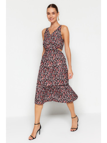 Trendyol кафяв A-линия изрязани подробни Midi леопард шарени тъкани рокля