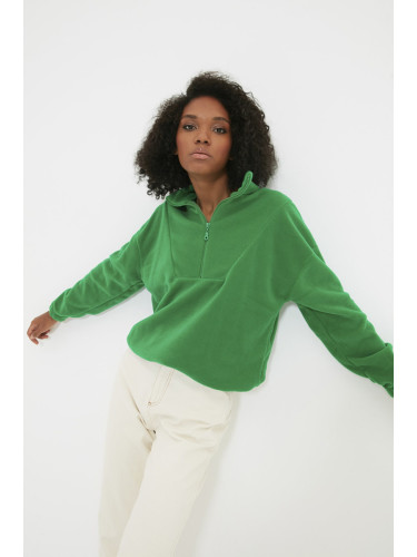Trendyol Emerald Green Zipper Detail Fleece Knitted Sweatshirt