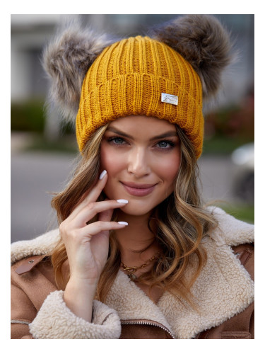 Mustard hat with pompom for winter