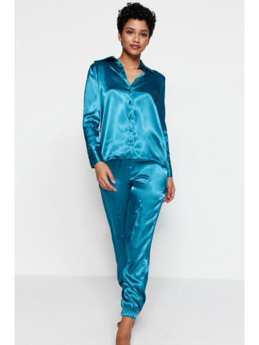 Trendyol Blue Elastic Leg Satin Woven Pajamas Set