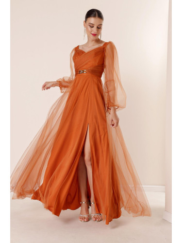 От Saygı предна задна v-образно деколте талия каменисти драпирани подплатени дълги тюл рокля