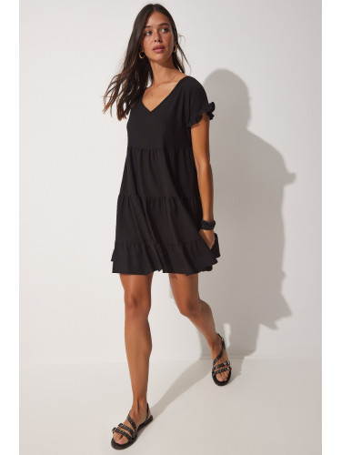 Щастие İstanbul Дамска черна V-образно деколте разкроена плетена лятна рокля