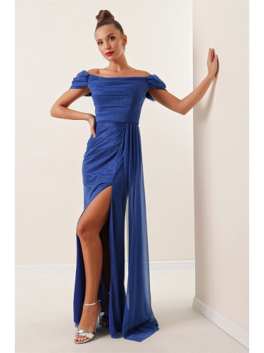 от saygı плисета в предната част и подплатени блестящи дълга рокля saks