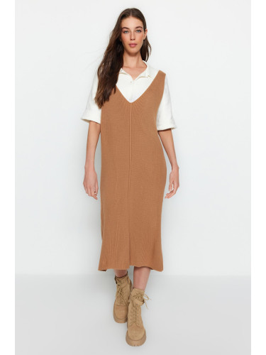 Trendyol Beige Maxi Knitwear V-Neck Gilet Dress