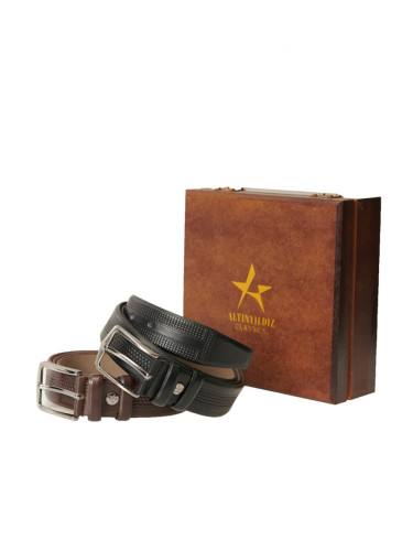ALTINYILDIZ CLASSICS Men's Black-Brown Special Wooden Gift Boxed 2-Piece Suit Belt Groom's Pack