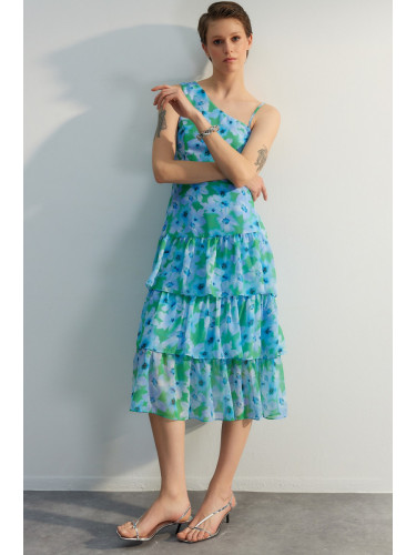 Модерна синя рокля с едно рамо