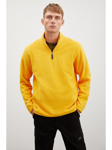 GRIMELANGE Hayes Men's Fleece Half Zipper Leather Accessory Thick Textured Comfort Fit Saffron Yellow Fleece