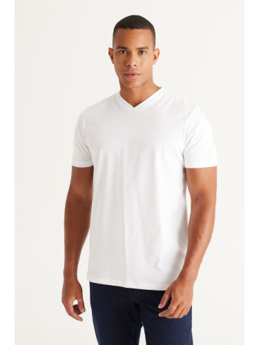 AC & Apos / Altınyıldız Classics Мъжка бяла 100% памук Slim Fit Тениска с тесен разрез с V-образно деколте с къс ръкав