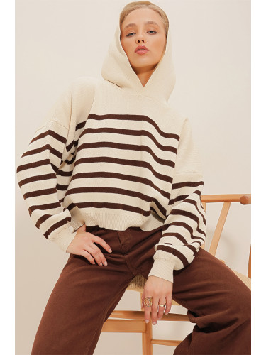 Тенденция Alaçatı Stili Дамски кафяв качулка райе зимен трикотаж пуловер