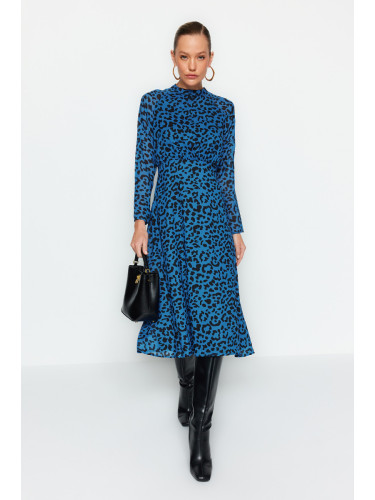Trendyol синьо Midi леопард модел тъкани тъкани рокля